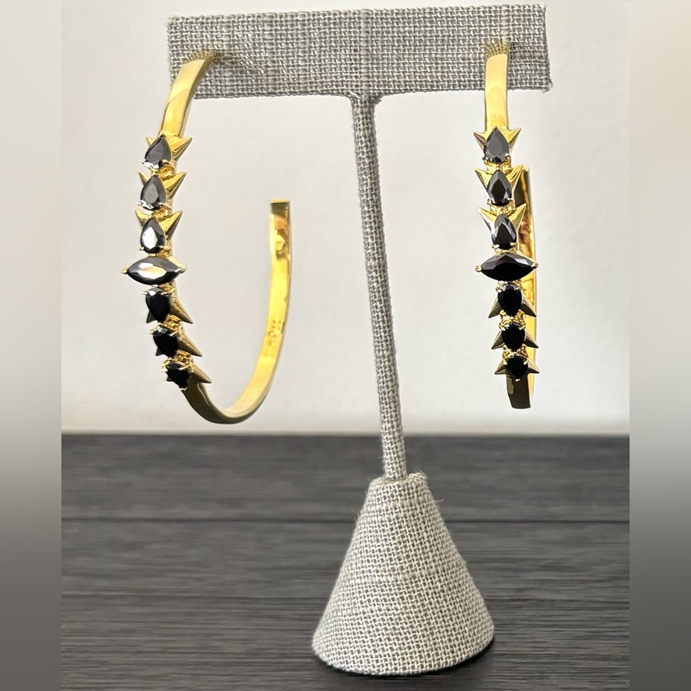NWOT nOir Jewelry Gold Hematite Plated Lucent Half Hoop Earrings w Black CZ